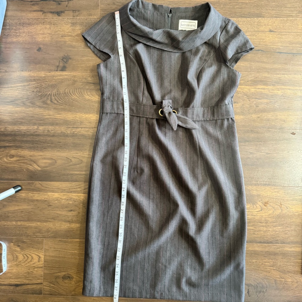Karin Stevens Gray Pinstripe Sheath Dress Tie Waist Career Office Size 14 - Picture 15 of 16